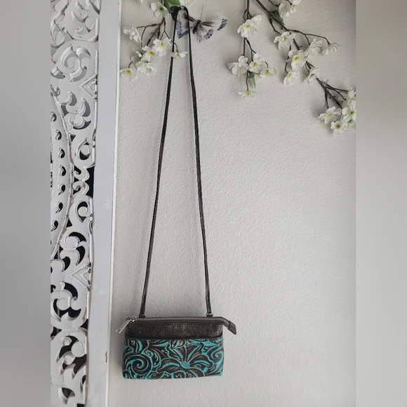 Patricia Nash Teal and Brown Tooled Leather Bacoli Crossbody - Picture 7 of 8